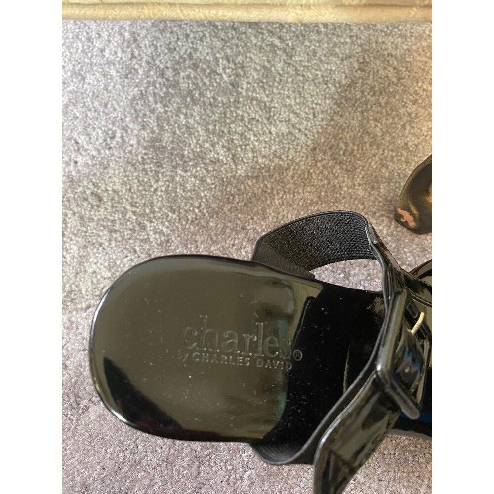 Charles David Black Patent Wedge Heels Adjustable Straps Buckles Shoes Size 7.5 - Picture 8 of 9